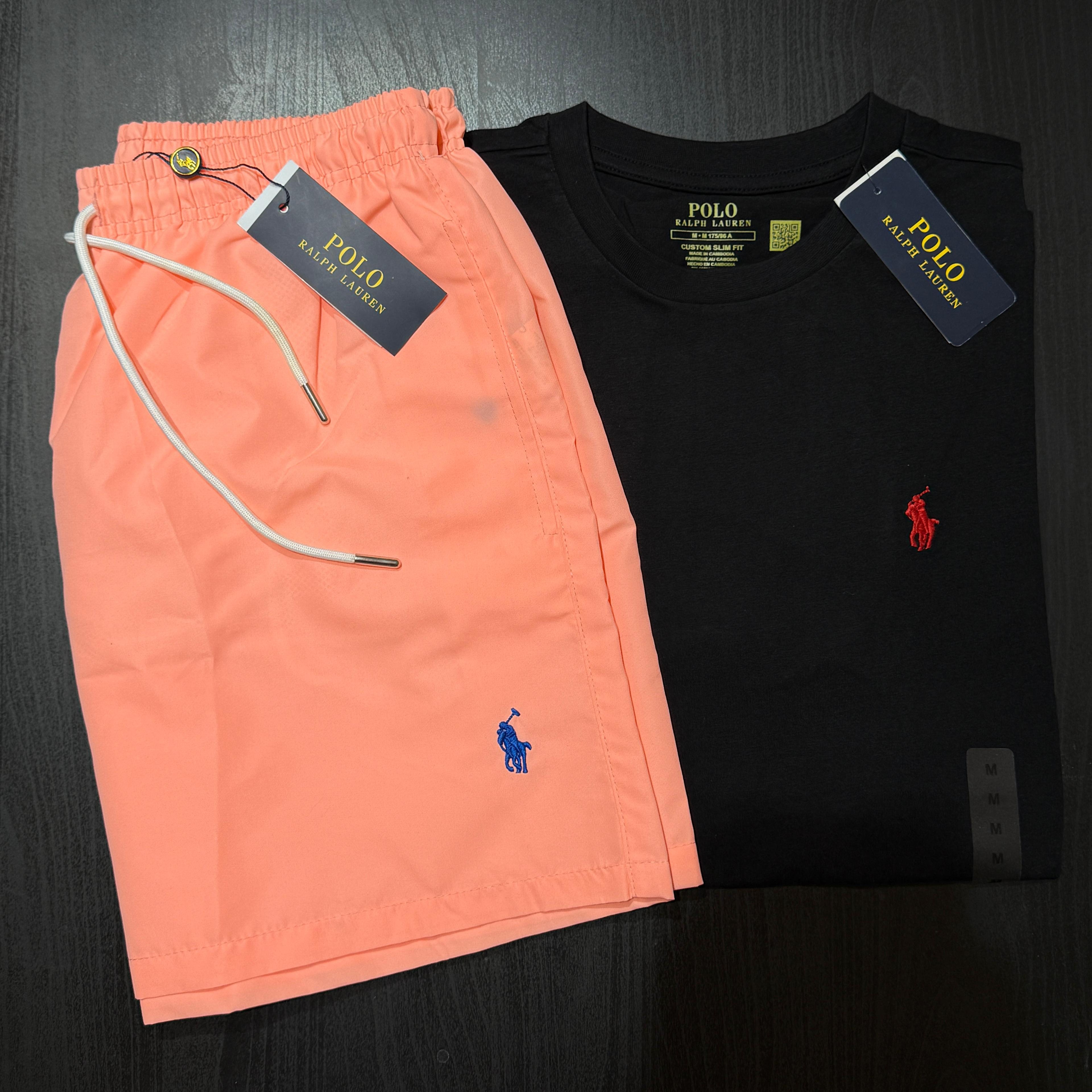 Orange shorts and black t-shirt with Polo Ralph Lauren logo on a dark background