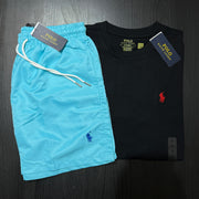 Blue shorts and black t-shirt with Polo Ralph Lauren logo on a dark surface