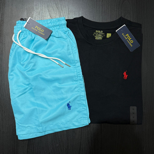 Blue shorts and black t-shirt with Polo Ralph Lauren logo on a dark surface
