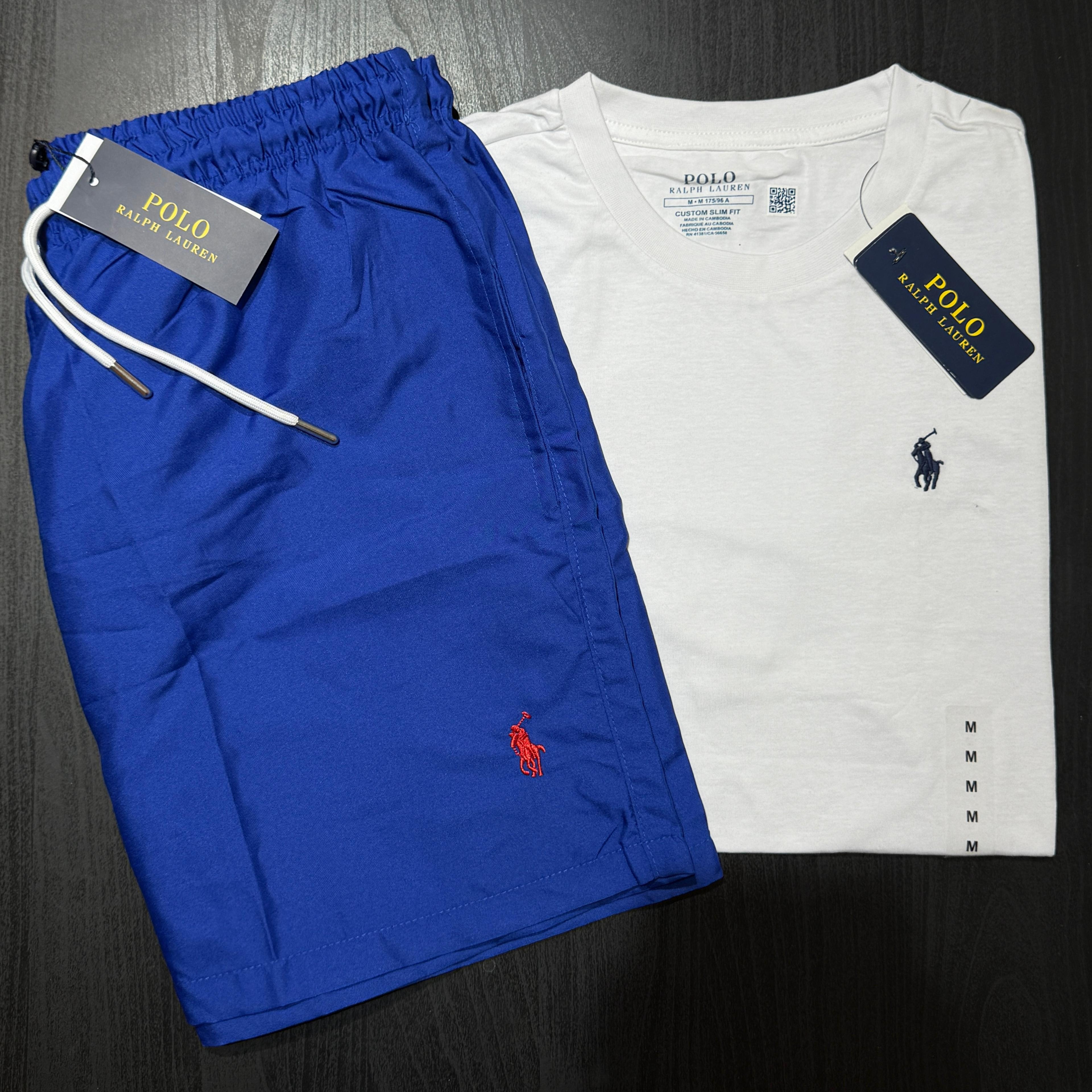 Blue shorts and white t-shirt with Polo Ralph Lauren logo on a dark surface