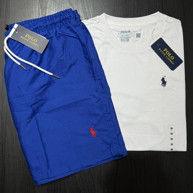 Blue shorts and white t-shirt with Polo Ralph Lauren logo on a dark surface