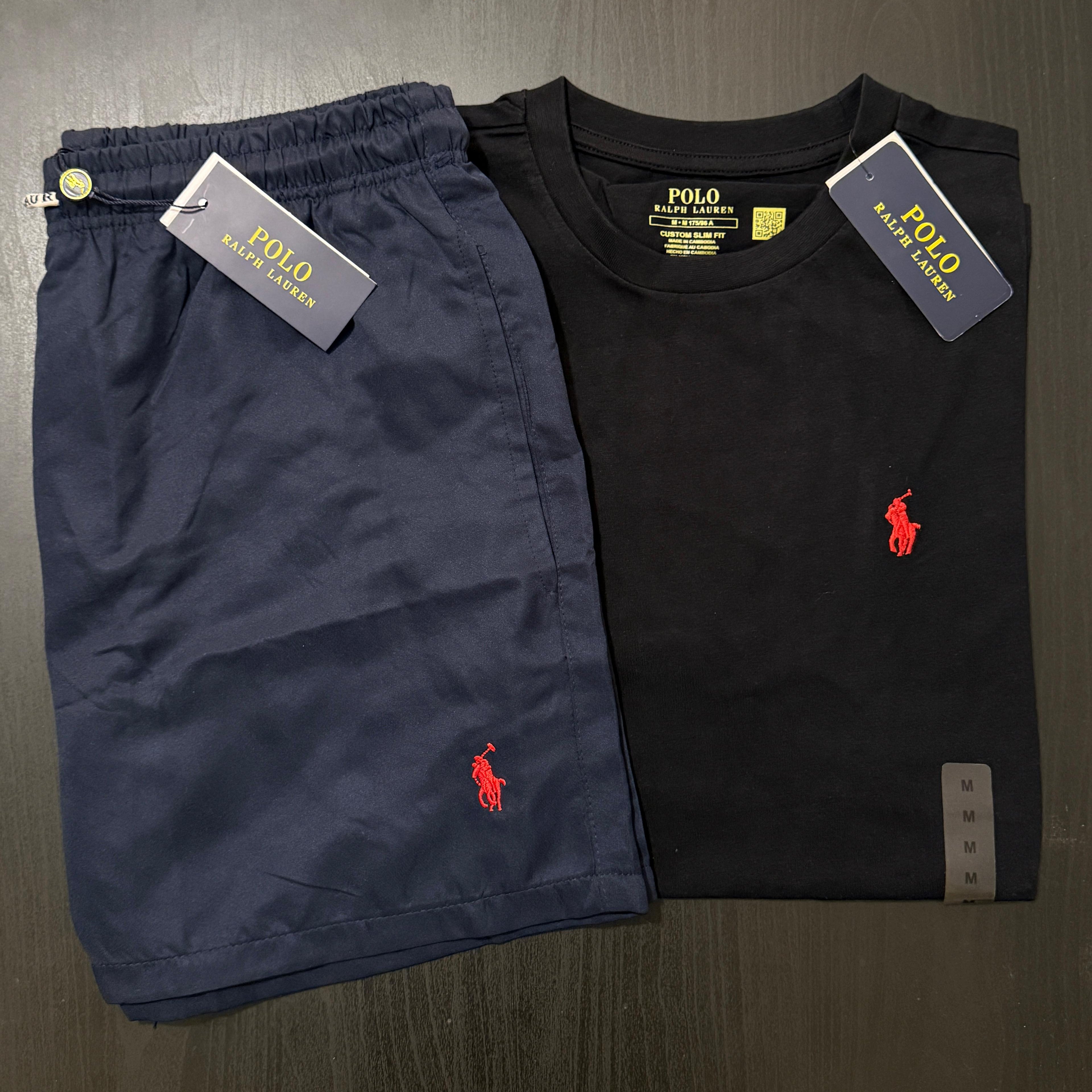 Navy shorts and black t-shirt with Polo Ralph Lauren logo on a dark surface