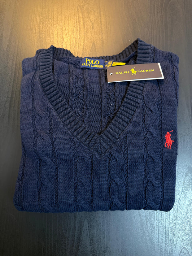 Cable-Knit Cotton V-Neck Women Sweater
